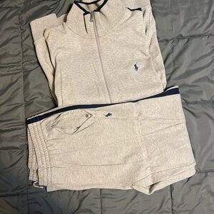 Gray polo track suit with navy stripes